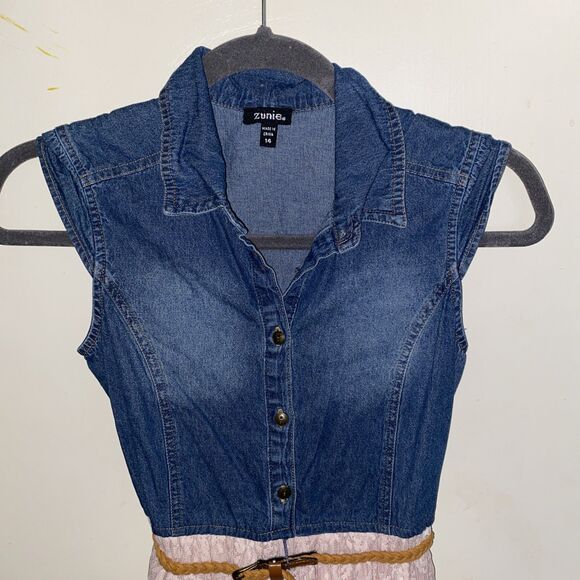 Zunie Denim And Lace Mixed Dress Jean And Pink Sz 14 - Picture 2 of 5